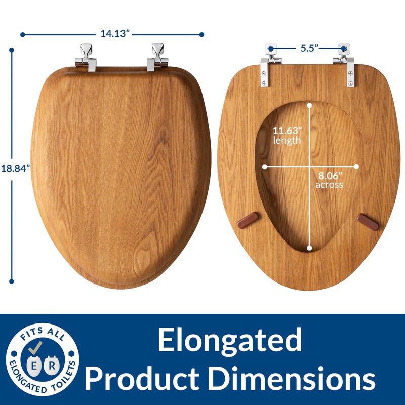 Bemis Mayfair Natural Oak Veneer Toilet Seat with Chrome Hinges, Elongated, Wood - Image 5